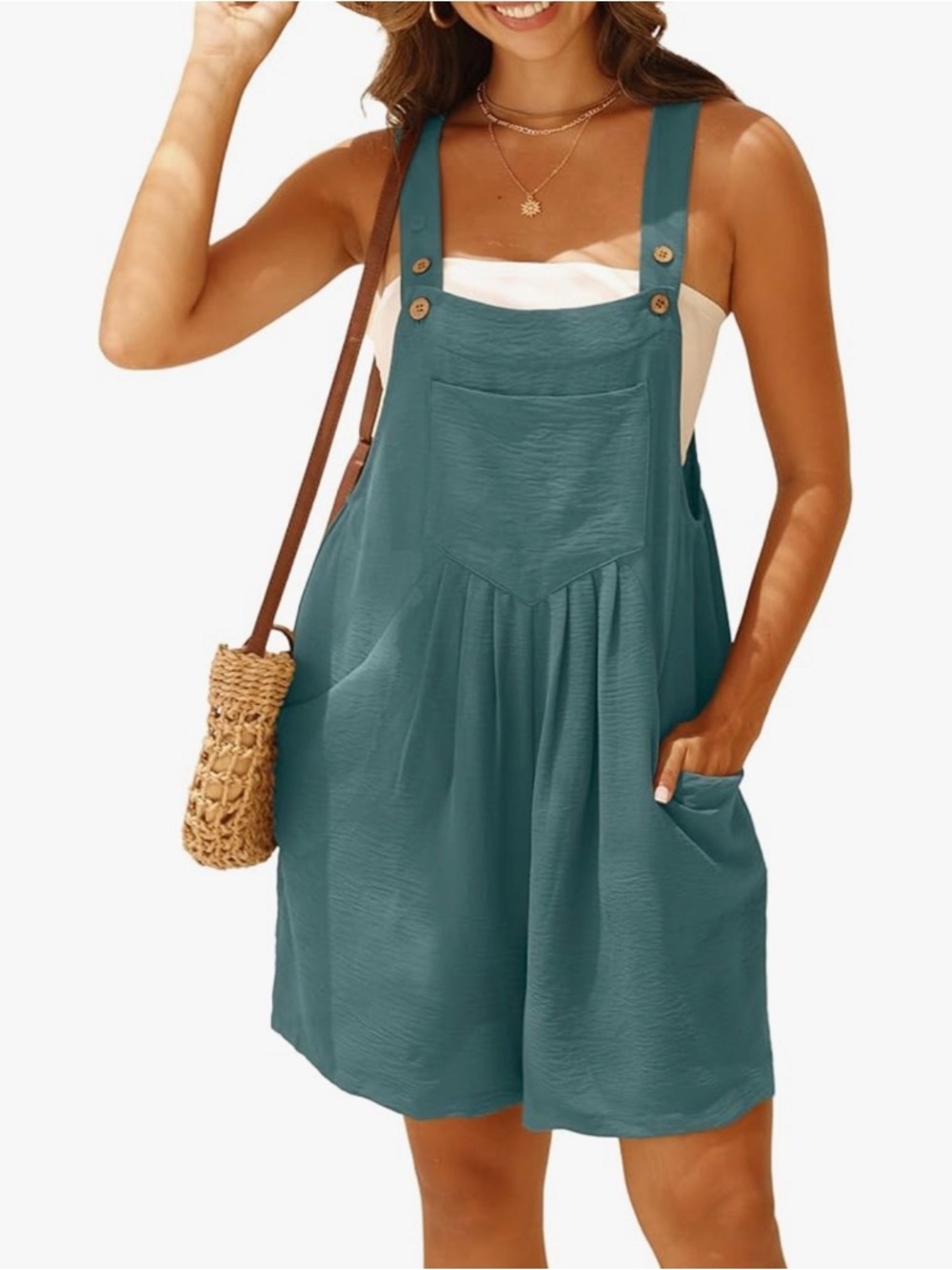 Teal Button-Strap Romper Jumpsuit